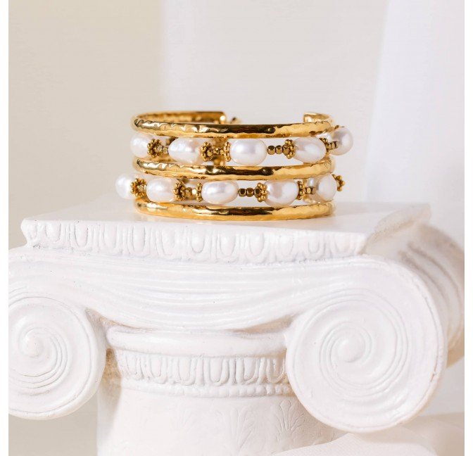 Stainless Steel Double Strand Cultured Pearl Cuff Bracelet - OYA | Gloria Balens Paris jewelry
