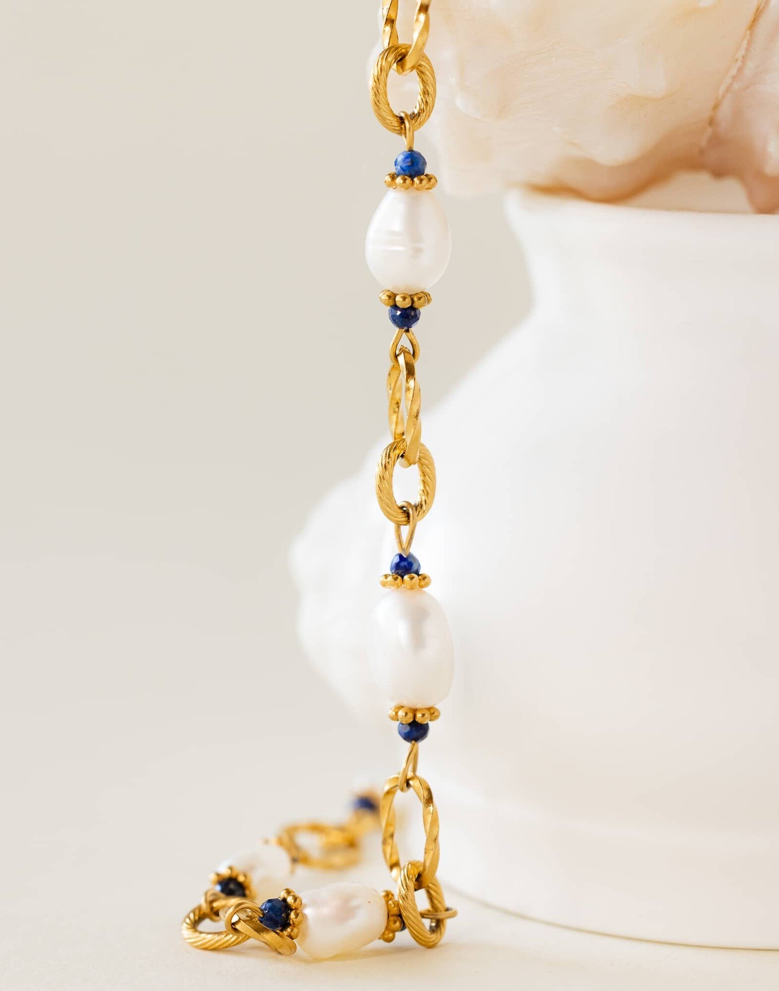 Gilded Stainless Steel Chain Necklace with Baroque Lapis Lazuli Pearls - ATHEA | Gloria Balensi Paris jewelry