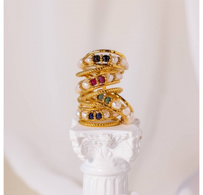 Bague ajustable en acier inoxydable avec perles de culture et Spinelle noir/ Rubellite/Emeraude/Lapis lazuli- THEA