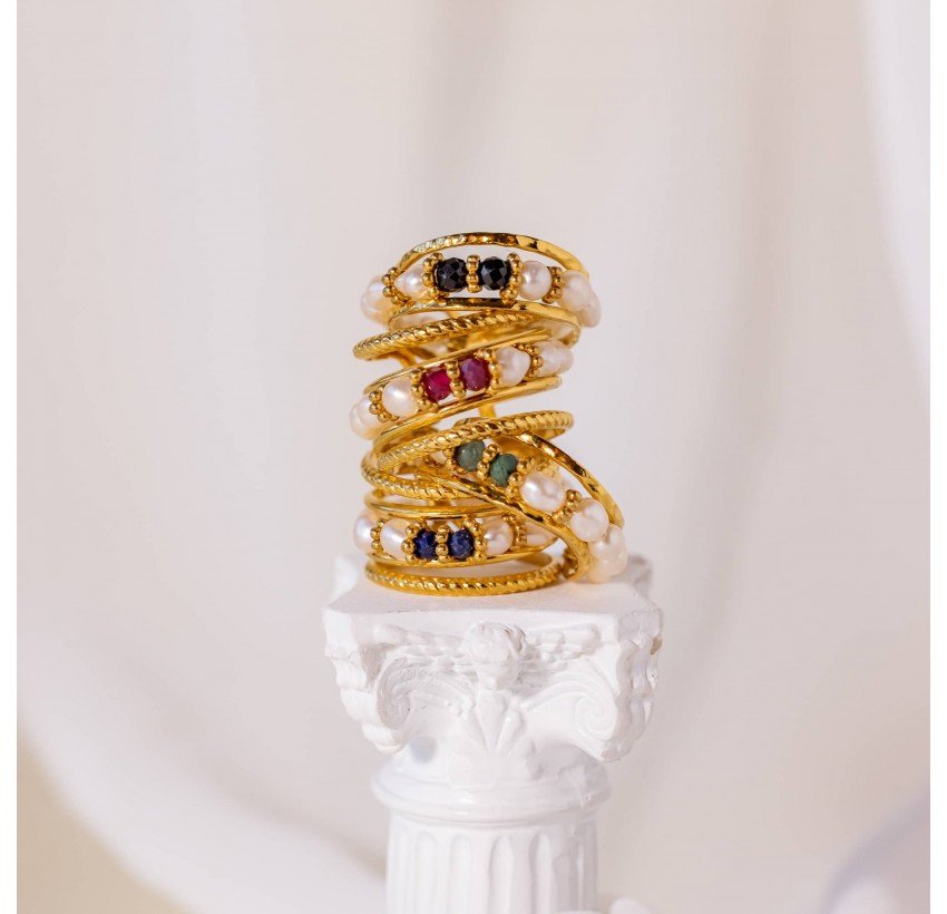 Bague ajustable en acier inoxydable avec perles de culture et Spinelle noir/ Rubellite/Emeraude/Lapis lazuli- THEA