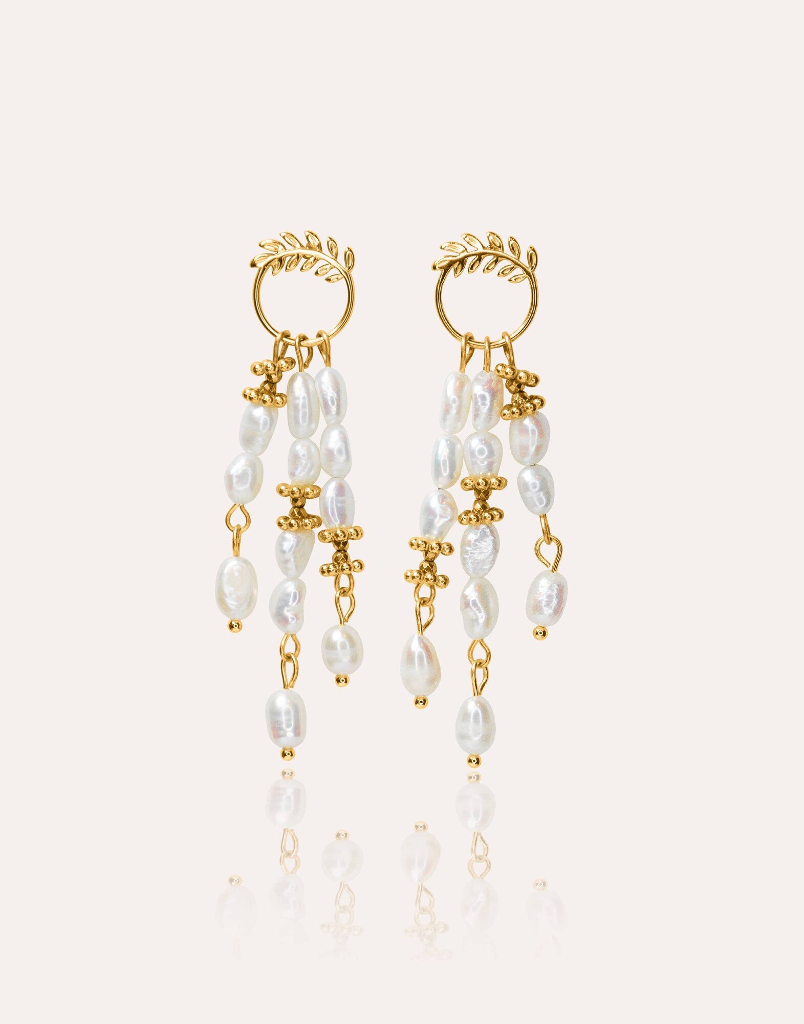Boucles d'oreilles dorées pendantes antique laurier et Perles - HÉLIA|Gloria Balensi