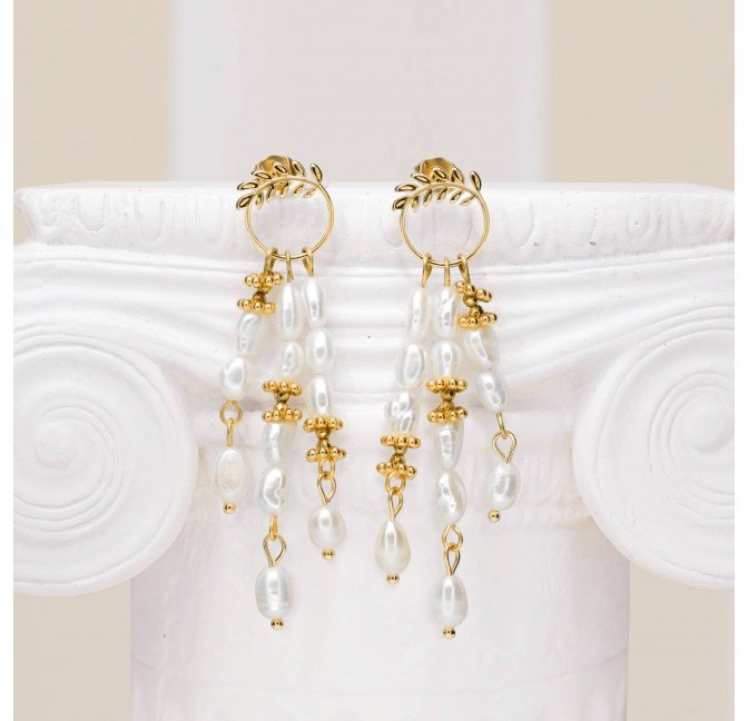 Boucles d'oreilles dorées pendantes antique laurier et Perles - HÉLIA|Gloria Balensi