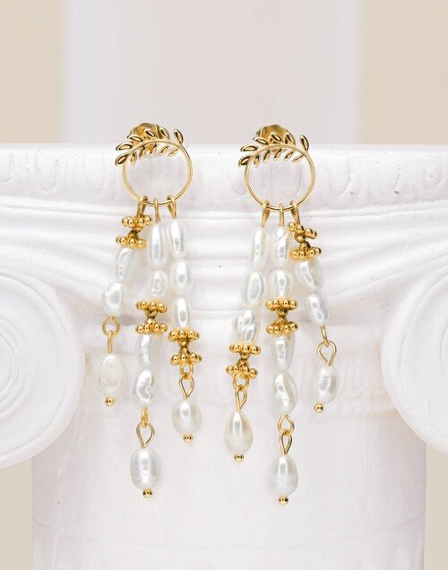 Boucles d'oreilles dorées pendantes antique laurier et Perles - HÉLIA|Gloria Balensi