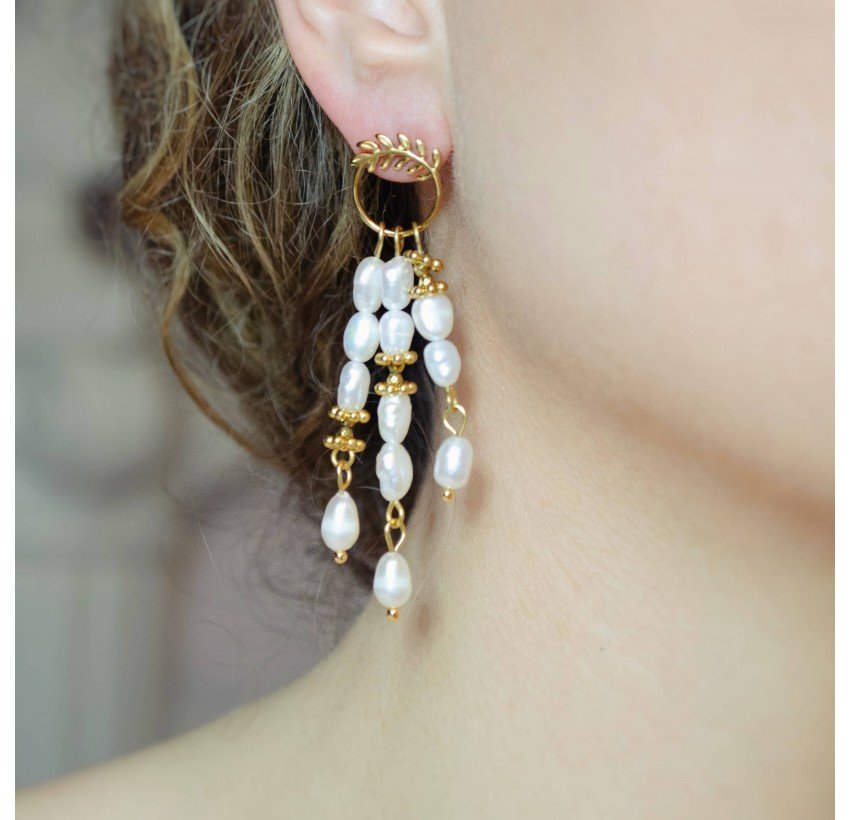 Boucles d'oreilles dorées pendantes antique laurier et Perles - HÉLIA|Gloria Balensi