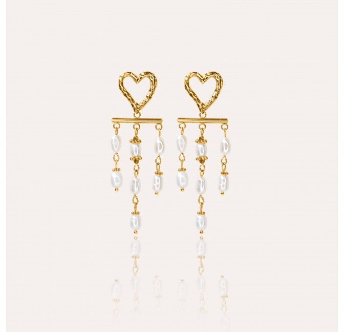 Dangling earrings heart freshwater pearl gold - ROMA