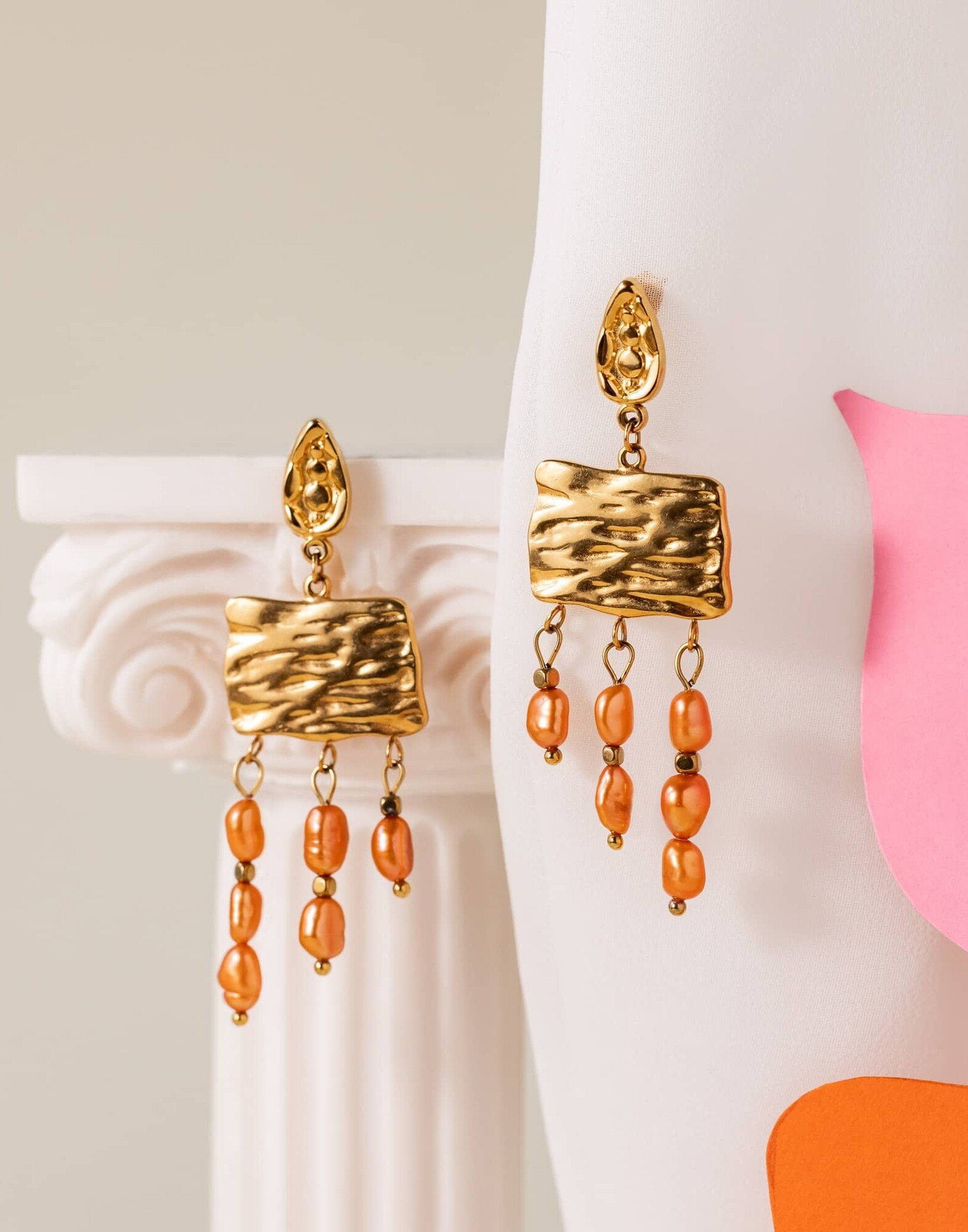 Terracotta cultured pearl pendant earrings - HESTIA | Gloria Balensi Paris jewelry