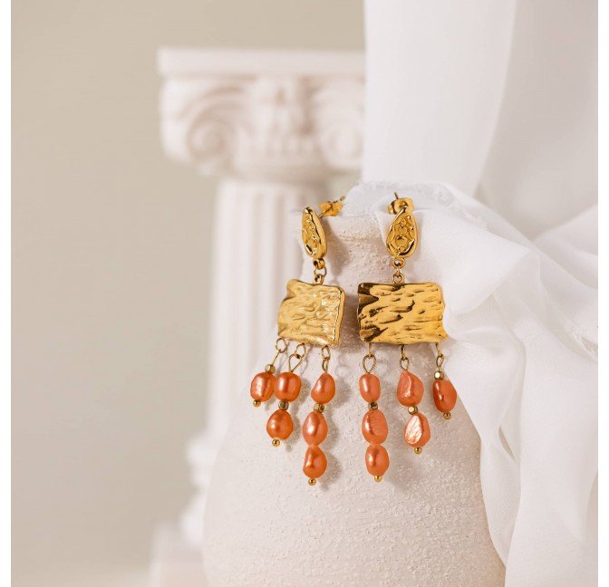 Boucles d’oreilles pendantes perles de culture terracotta - HESTIA| Gloria Balensi Paris