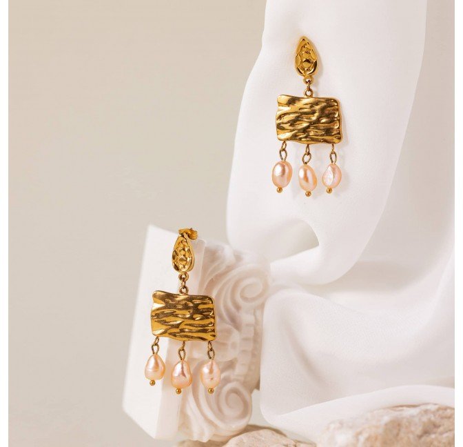 Natural pink peach cultured pearl pendant earrings - NÉA | Gloria Balensi Paris jewelry