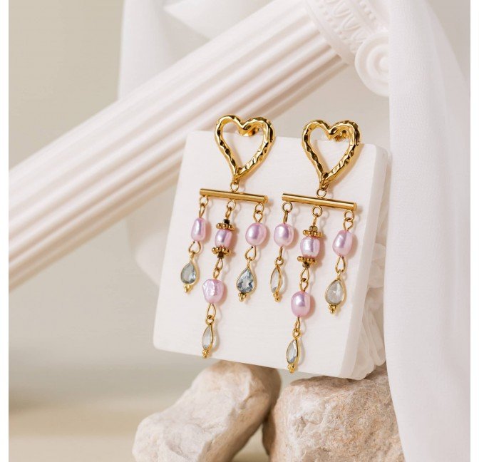 Aquamarine and lilac cultured pearl heart drop earrings - ROMA | Gloria Balensi Paris jewelry