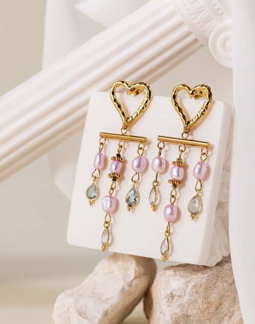 Boucles d’oreilles pendantes coeur perles de culture lila et Aigue-marine - ROMA| Gloria Balensi Paris