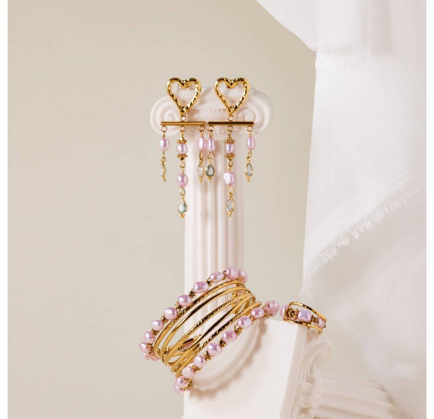 Aquamarine and lilac cultured pearl heart drop earrings - ROMA | Gloria Balensi Paris jewelry
