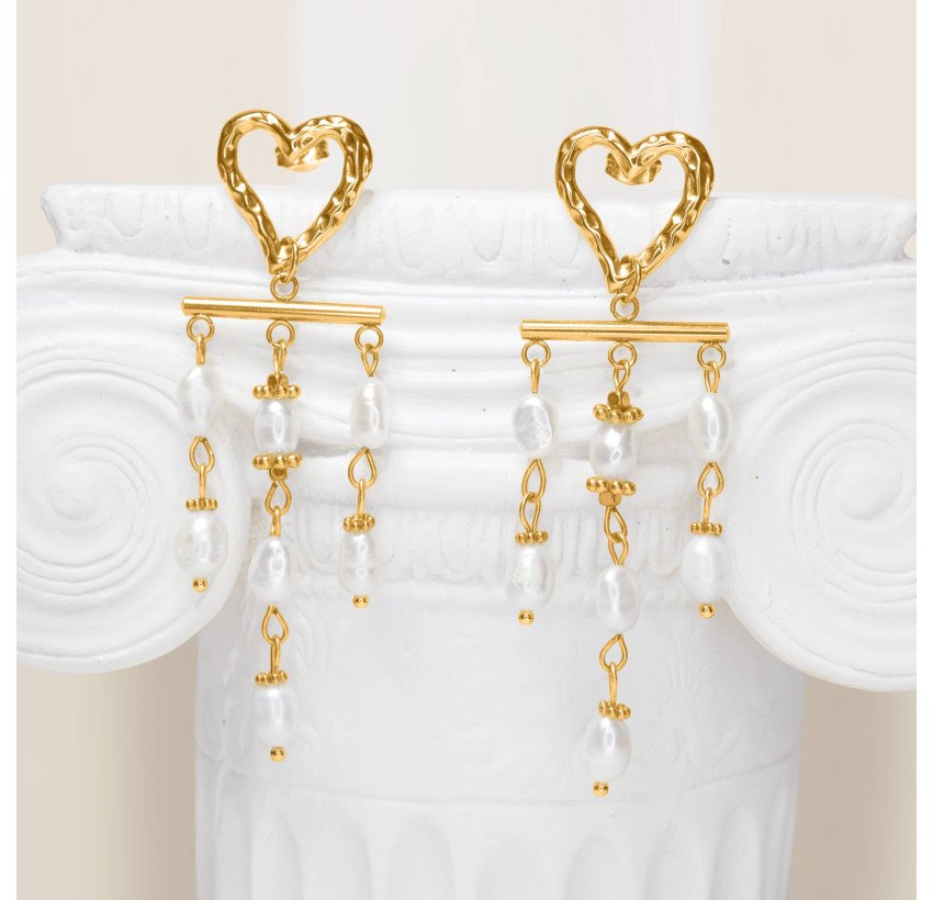 Dangling earrings heart freshwater pearl gold - ROMA