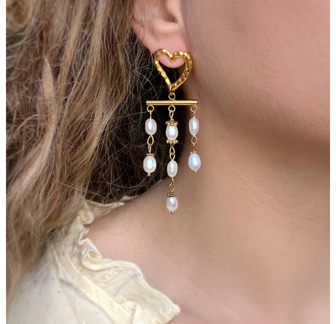 Boucles d’oreilles pendantes coeur perles de culture - ROMA| Gloria Balensi Paris bijoux