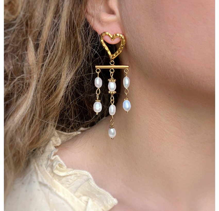 Dangling earrings heart freshwater pearl gold - ROMA