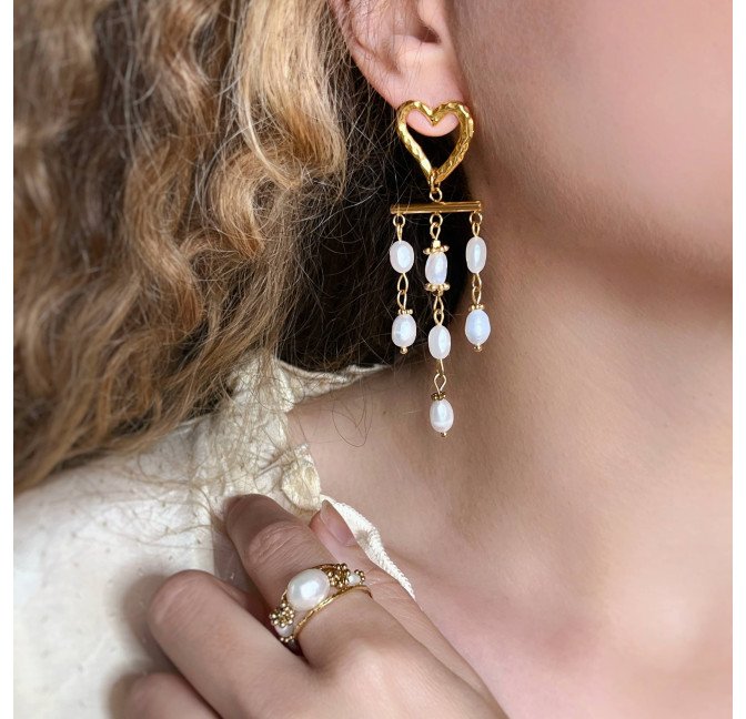 Dangling earrings heart freshwater pearl gold - ROMA