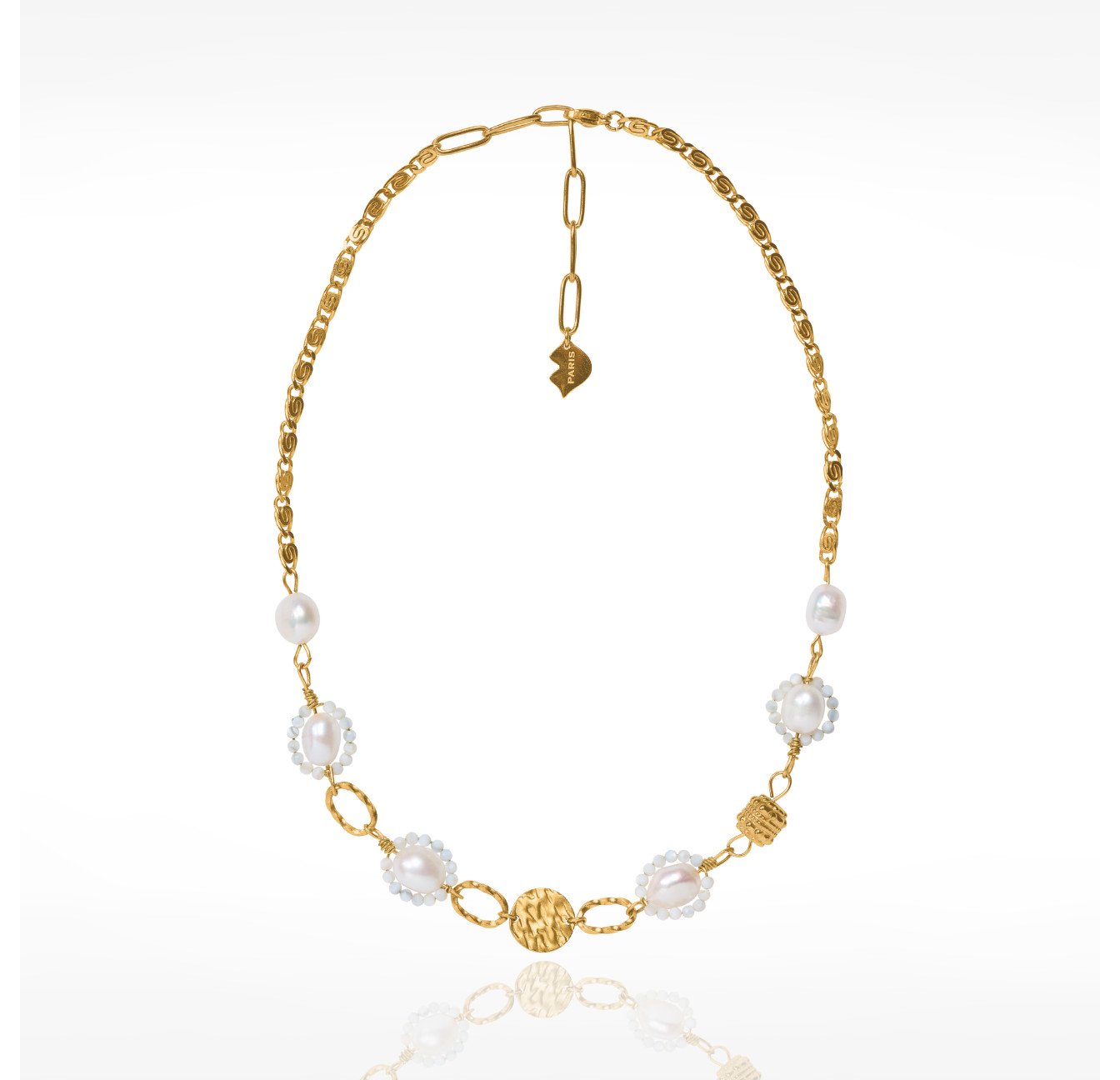 Collier à perles baroques et perles de nacre acier inoxydable doré maille escargot - GALATEA | Gloria Balensi Paris bijoux