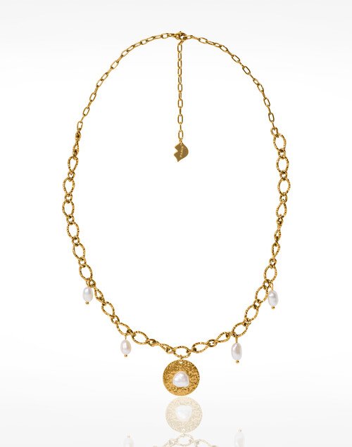Collier charm acier inoxydable doré médaillon martelé perles baroques d'eau douce - NEMEA