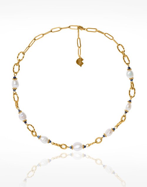 Gilded Stainless Steel Chain Necklace with Baroque Lapis Lazuli Pearls - ATHEA | Gloria Balensi Paris jewelry
