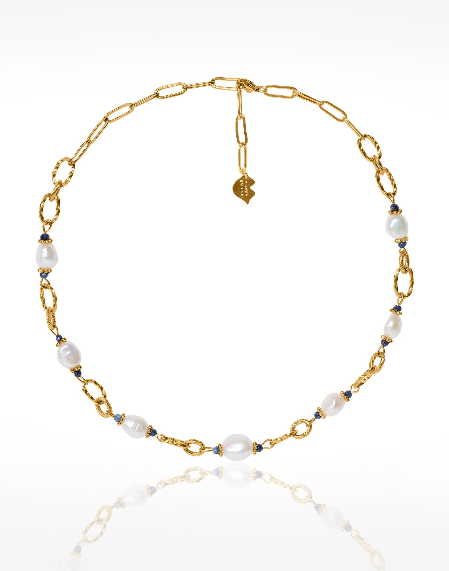 Gilded Stainless Steel Chain Necklace with Baroque Lapis Lazuli Pearls - ATHEA | Gloria Balensi Paris jewelry