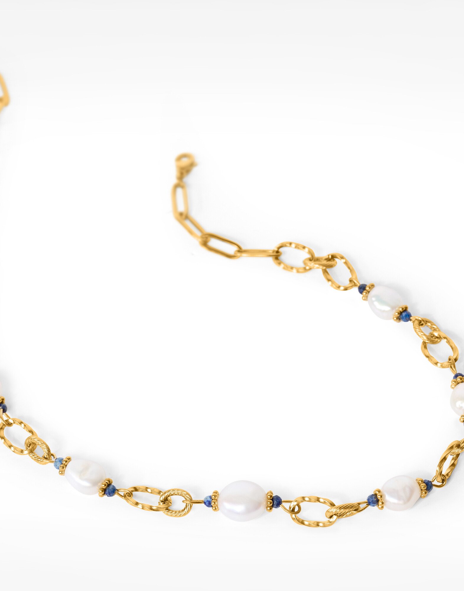 Gilded Stainless Steel Chain Necklace with Baroque Lapis Lazuli Pearls - ATHEA | Gloria Balensi Paris jewelry