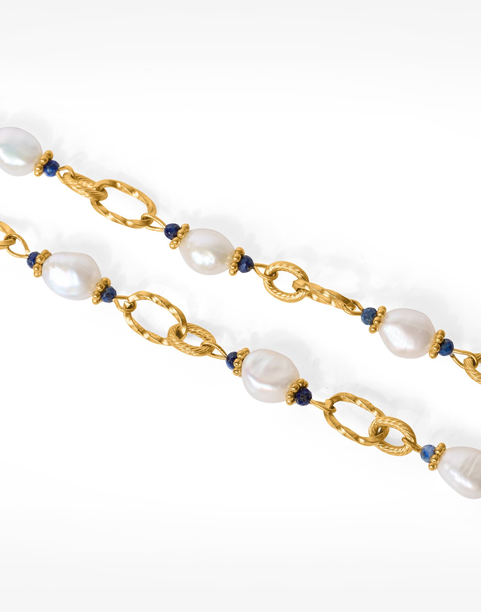 Gilded Stainless Steel Chain Necklace with Baroque Lapis Lazuli Pearls - ATHEA | Gloria Balensi Paris jewelry