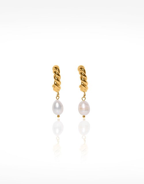 Twisted Gold-Plated Stainless Steel Hoops with Baroque Pearl Drops - LANA |Gloria Balensi
