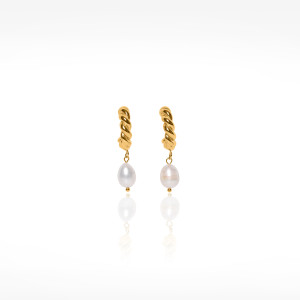 Twisted Gold-Plated Stainless Steel Hoops with Baroque Pearl Drops - LANA
