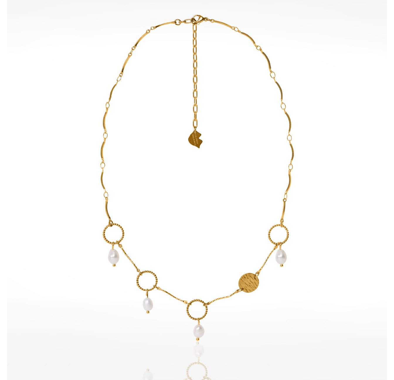 Collier à franges acier inoxydable doré pampille anneau torsadé perles baroques  - THALIA | Gloria Balensi