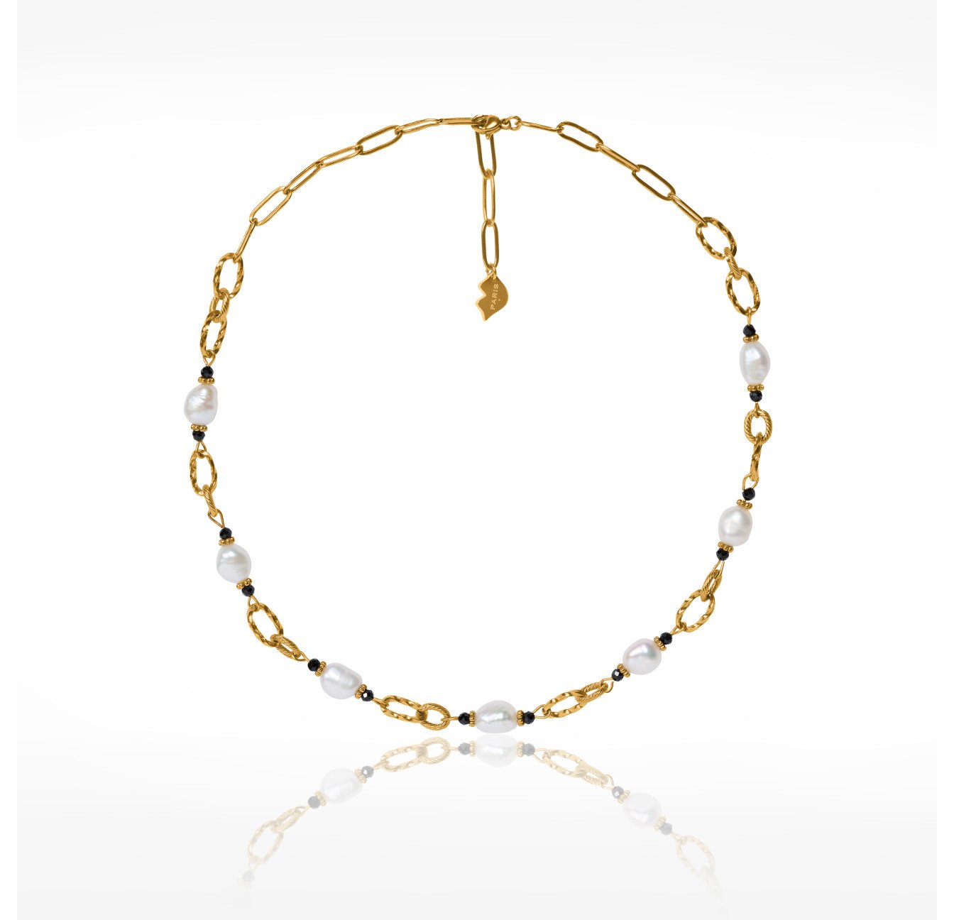 Collier chaîne acier inoxydable doré perles baroques Onyx noir - ATHEA | Gloria Balensi