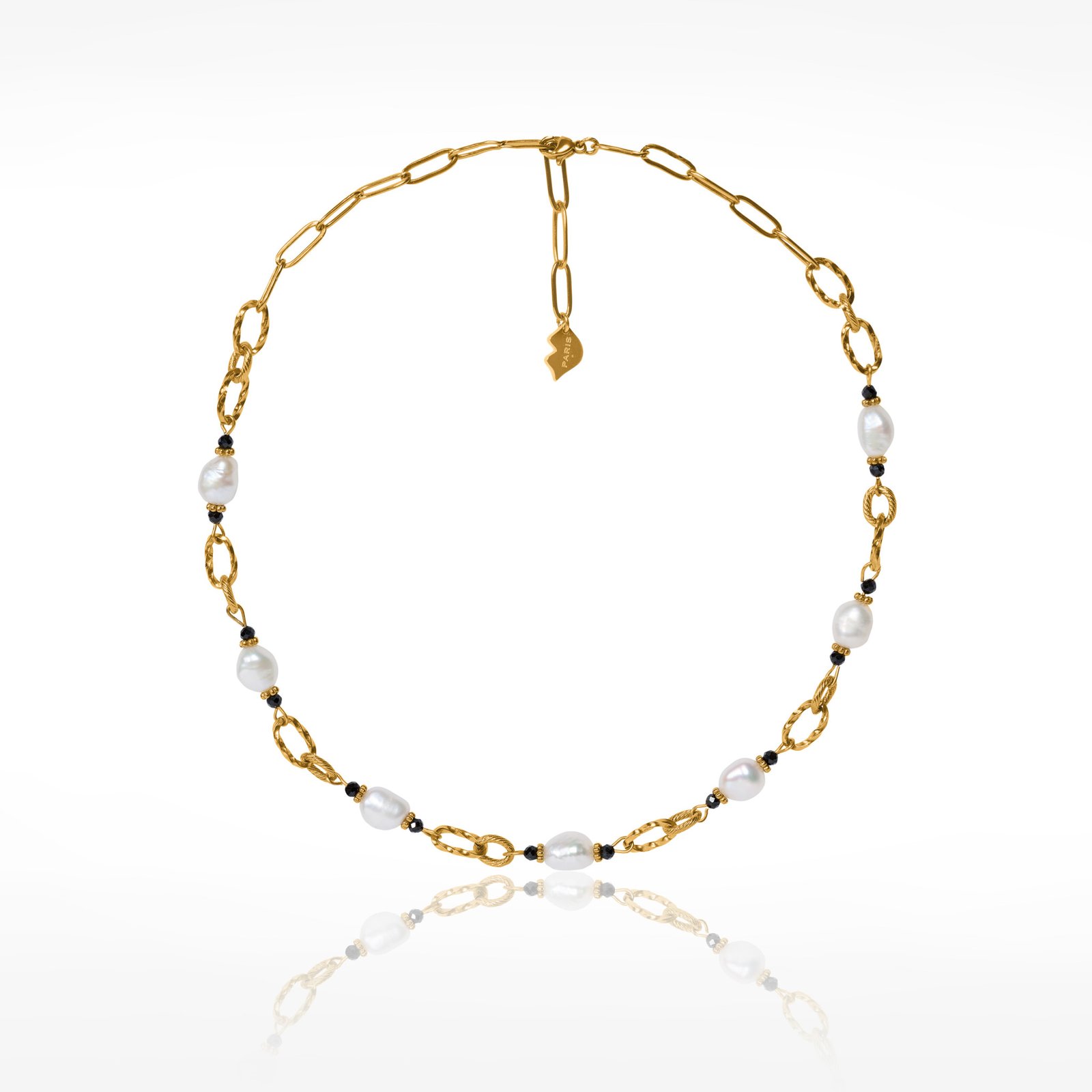Gilded Stainless Steel Chain Necklace with Baroque Black onyx Pearls - ATHEA| Gloria Balensi