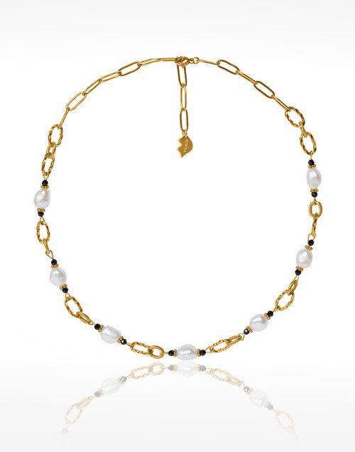 Collier chaîne acier inoxydable doré perles baroques Onyx noir - ATHEA | Gloria Balensi