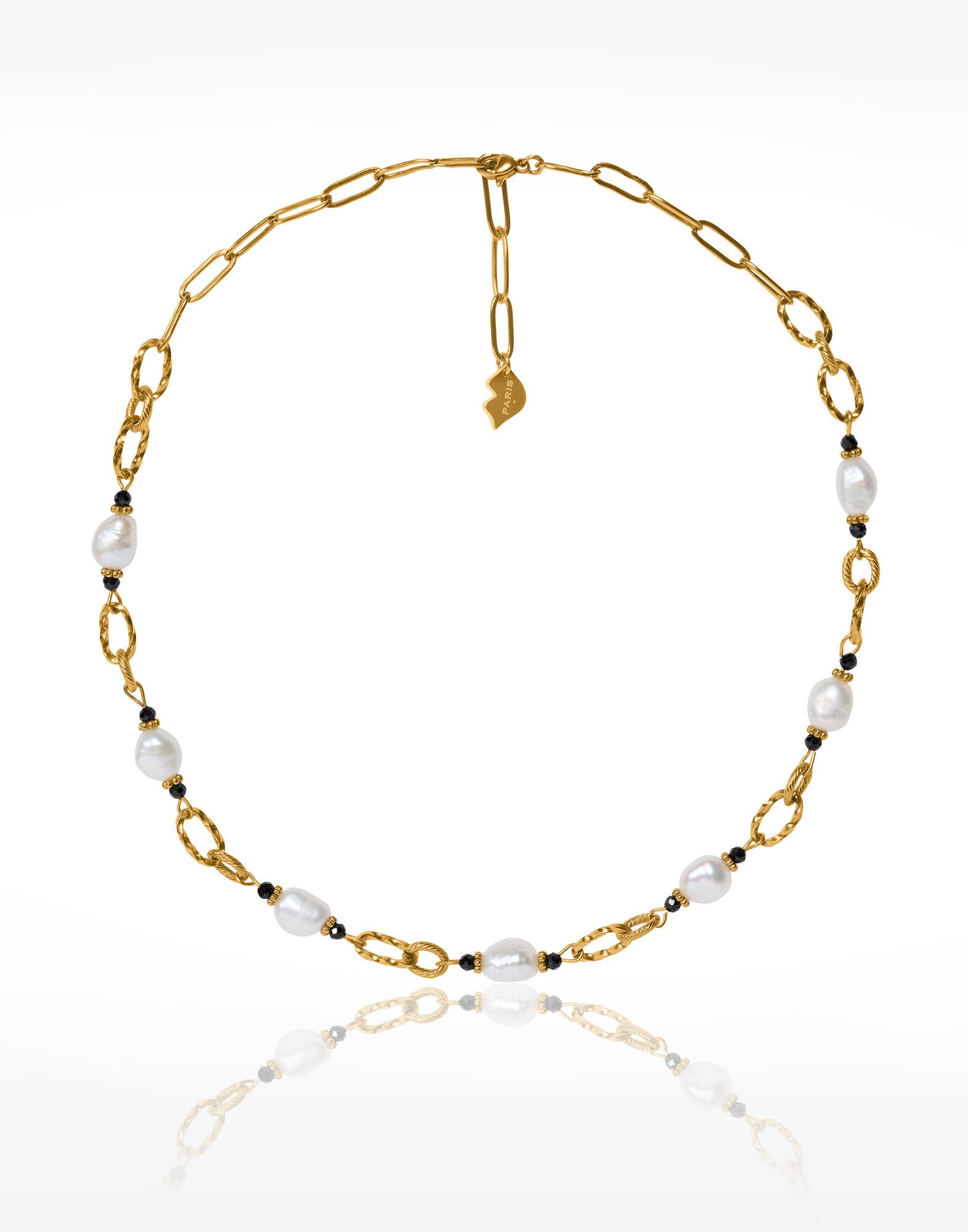 Collier chaîne acier inoxydable doré perles baroques Onyx noir - ATHEA | Gloria Balensi