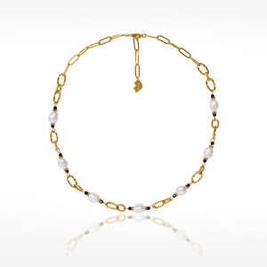 Collier chaîne acier inoxydable doré perles baroques Onyx noir - ATHEA
