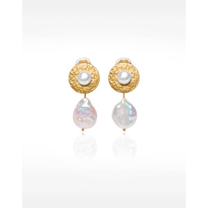 Pinched Medallion Earrings with Golden Baroque Pearls - LYRA