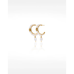 Gold-plated stainless steel hoop earrings with woven baroque pearls - SELENE