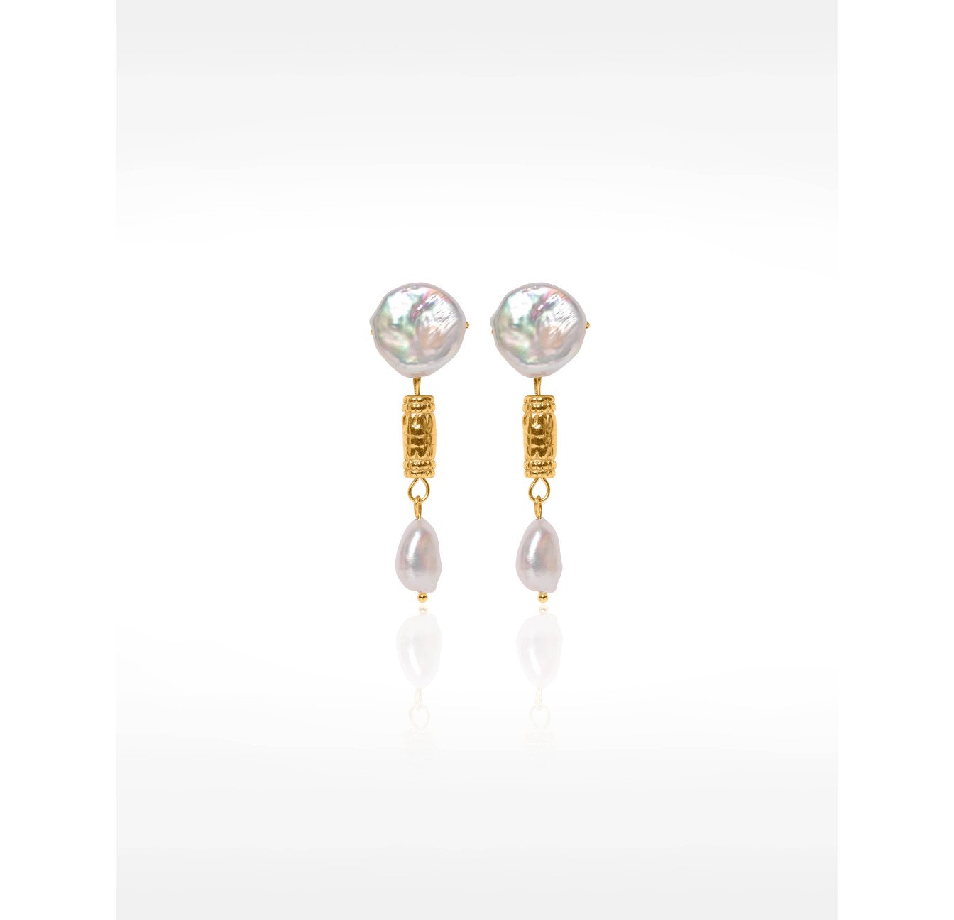 Gold Stainless Steel Drop Earrings with Large Baroque Freshwater Pearls and Antique Beads - ZEA | Gloria Balensi