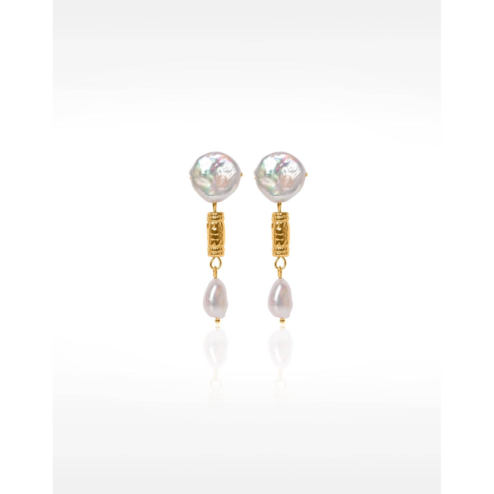 Gold Stainless Steel Drop Earrings with Large Baroque Freshwater Pearls and Antique Beads - ZEA | Gloria Balensi