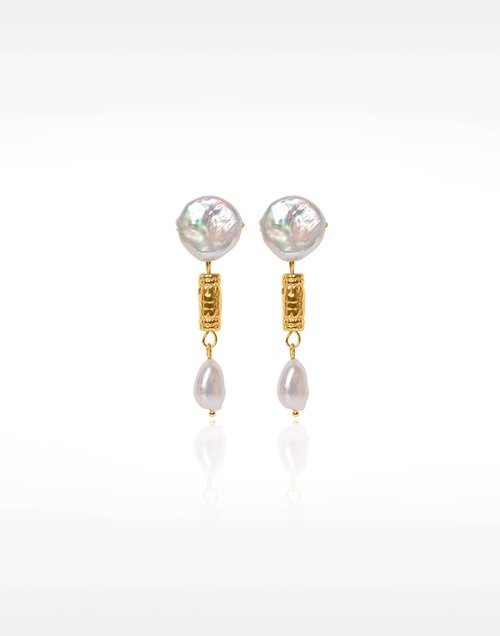 Boucles d'oreilles pendantes acier inoxydable doré grosses perles baroques d'eau douce et perles antiques - ZÉA| Gloria Balens