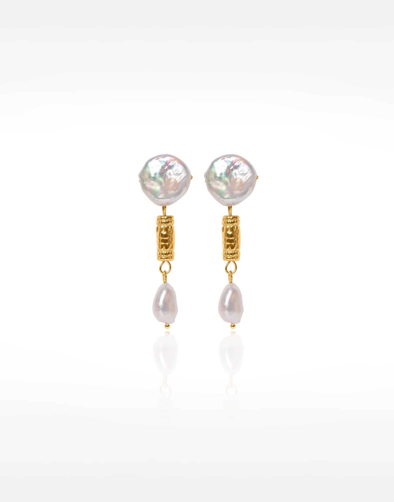 Gold Stainless Steel Drop Earrings with Large Baroque Freshwater Pearls and Antique Beads - ZEA | Gloria Balensi
