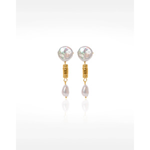 Gold Stainless Steel Drop Earrings with Large Baroque Freshwater Pearls and Antique Beads - ZEA