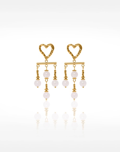 Boucles d'oreilles pendantes cœur acier inoxydable doré quartz rose cascade - ALTHAIA| Gloria Balensi Paris