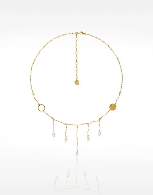 Collier à franges acier inoxydable doré pampille anneau torsadé perles baroques - CALLIOPE | Gloria Balensi Paris bijoux