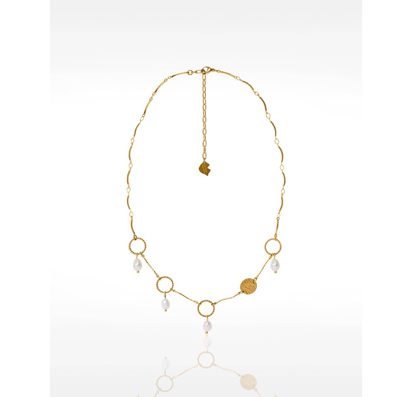 Collier à franges acier inoxydable doré pampille anneau torsadé perles baroques  - THALIA | Gloria Balensi