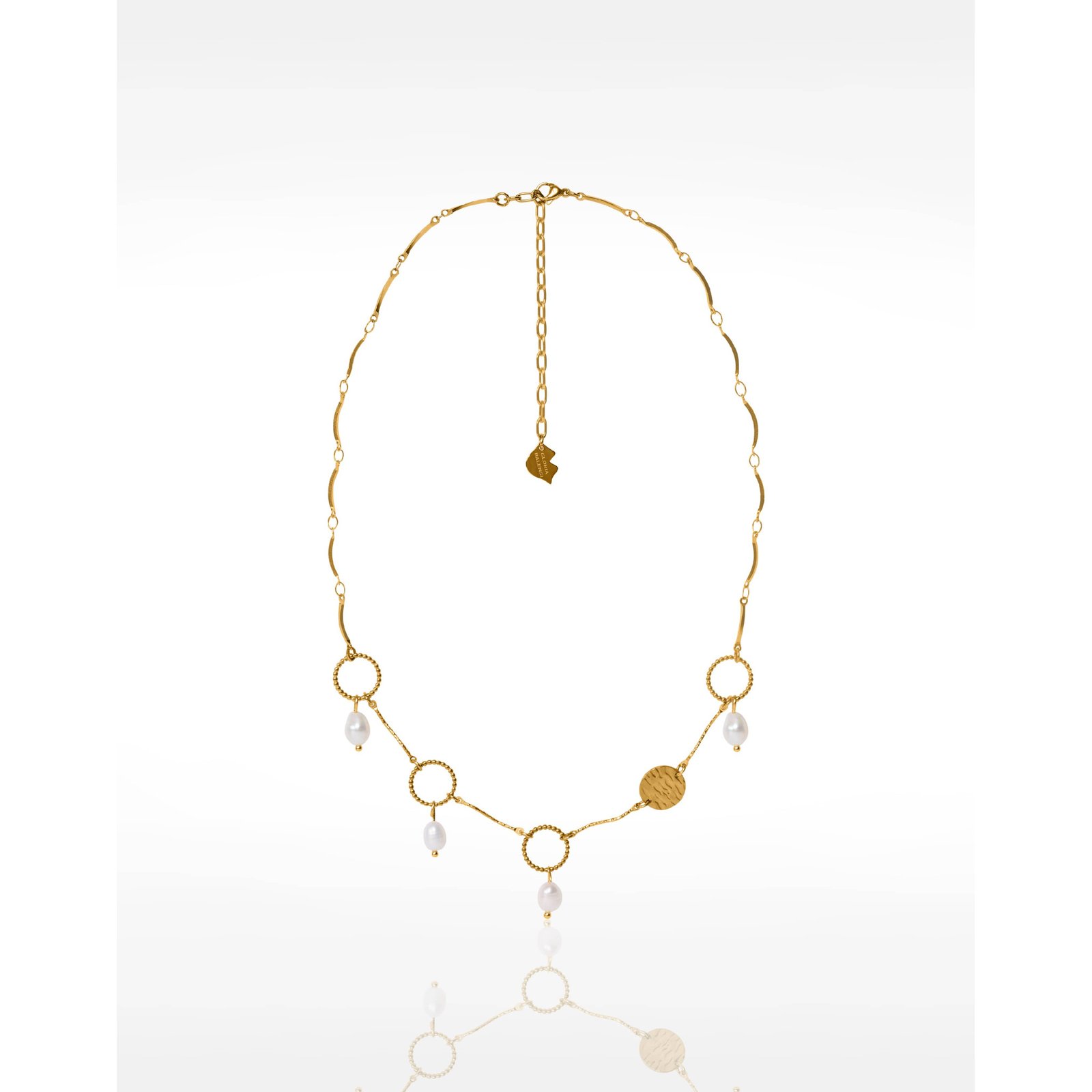 Collier à franges acier inoxydable doré pampille anneau torsadé perles baroques  - THALIA | Gloria Balensi