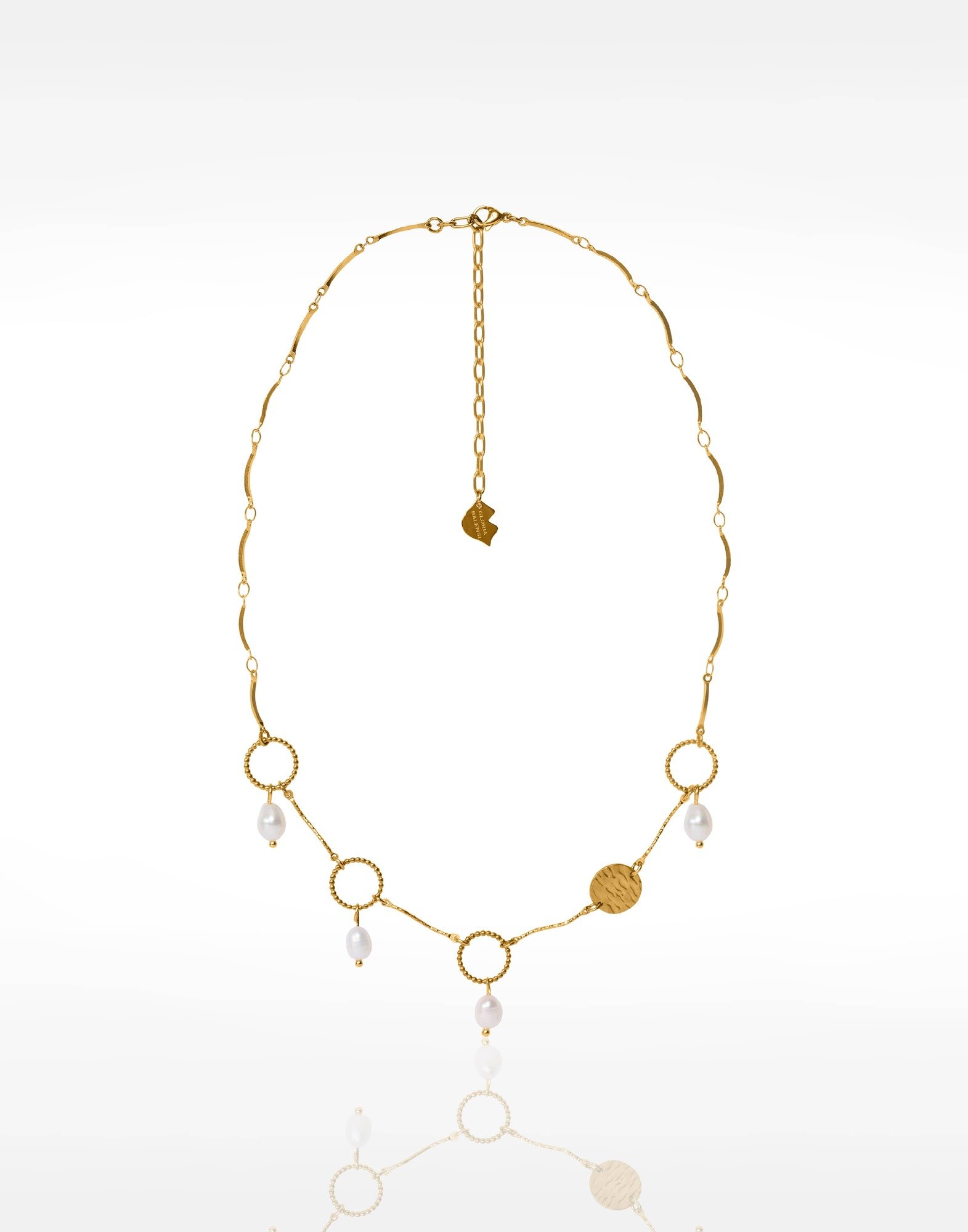 Collier à franges acier inoxydable doré pampille anneau torsadé perles baroques  - THALIA | Gloria Balensi