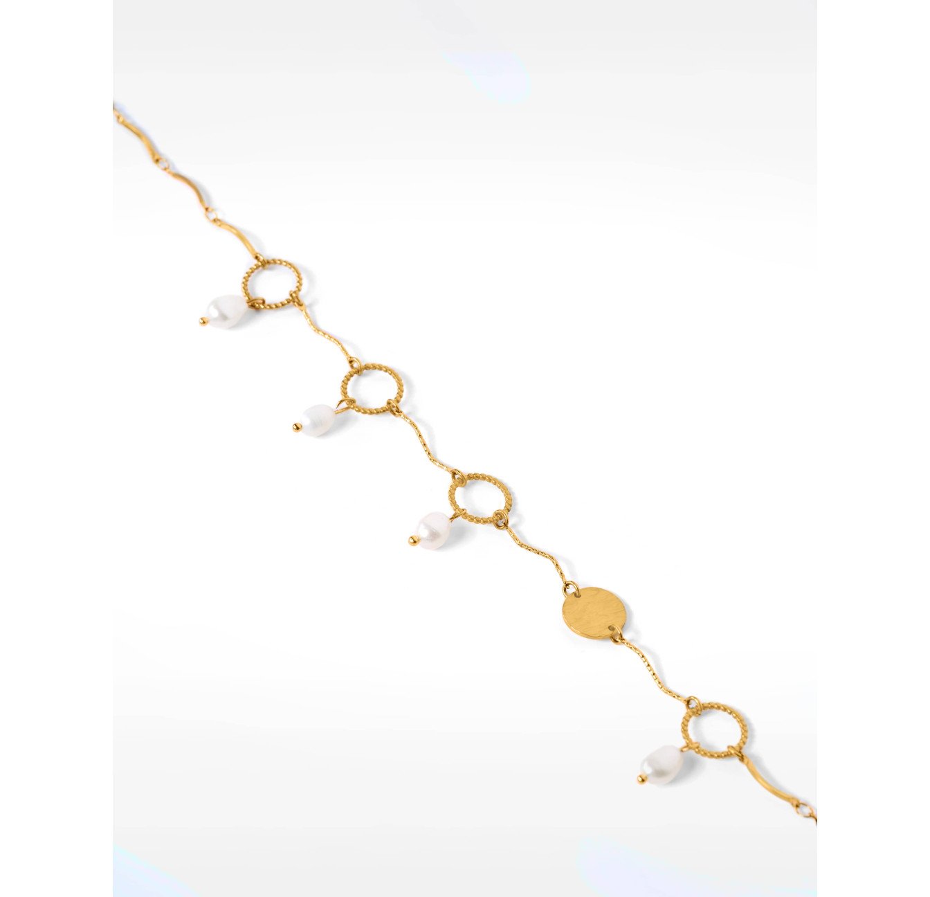 Collier à franges acier inoxydable doré pampille anneau torsadé perles baroques  - THALIA | Gloria Balensi