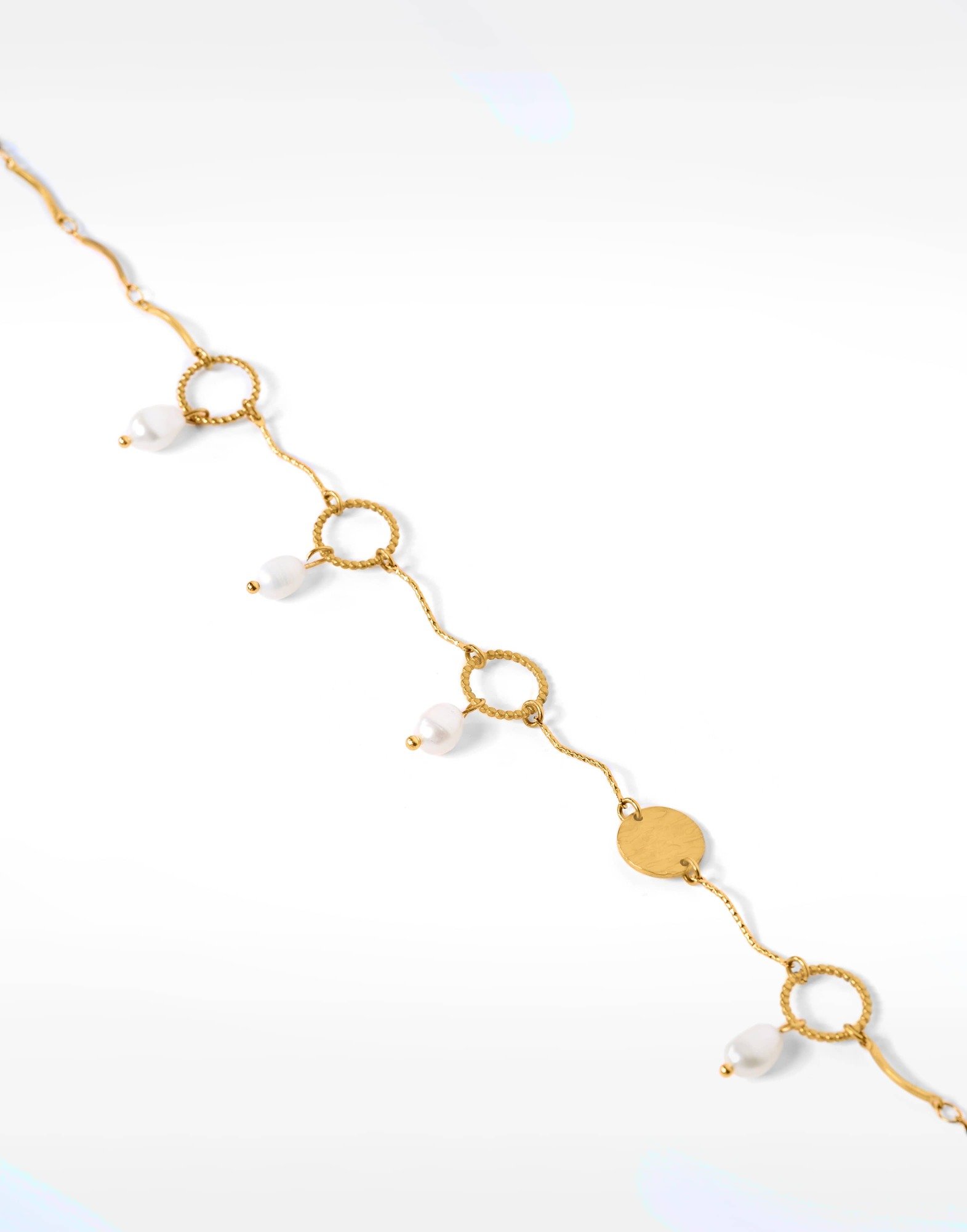 Collier à franges acier inoxydable doré pampille anneau torsadé perles baroques  - THALIA | Gloria Balensi