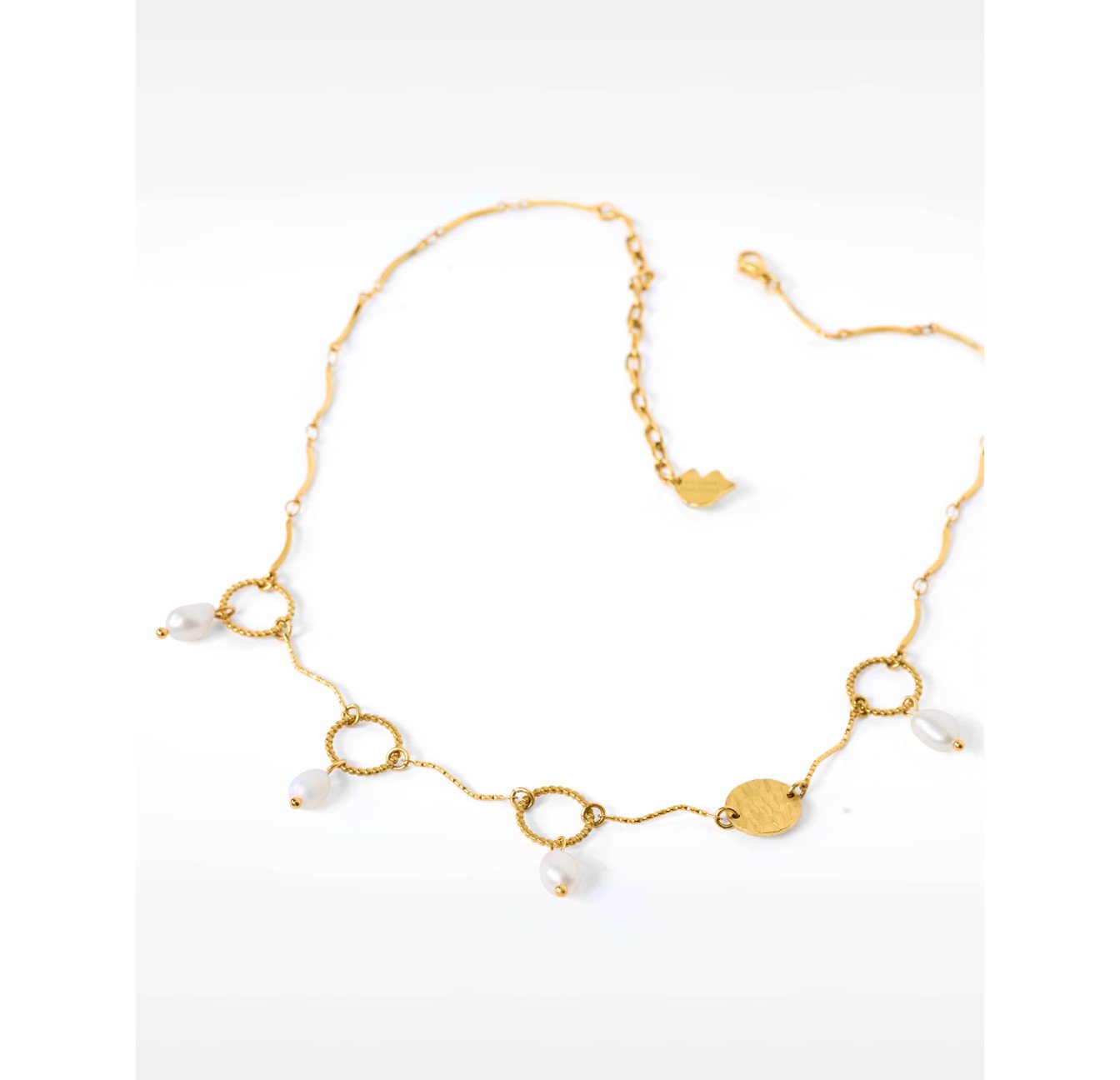 Collier à franges acier inoxydable doré pampille anneau torsadé perles baroques  - THALIA | Gloria Balensi
