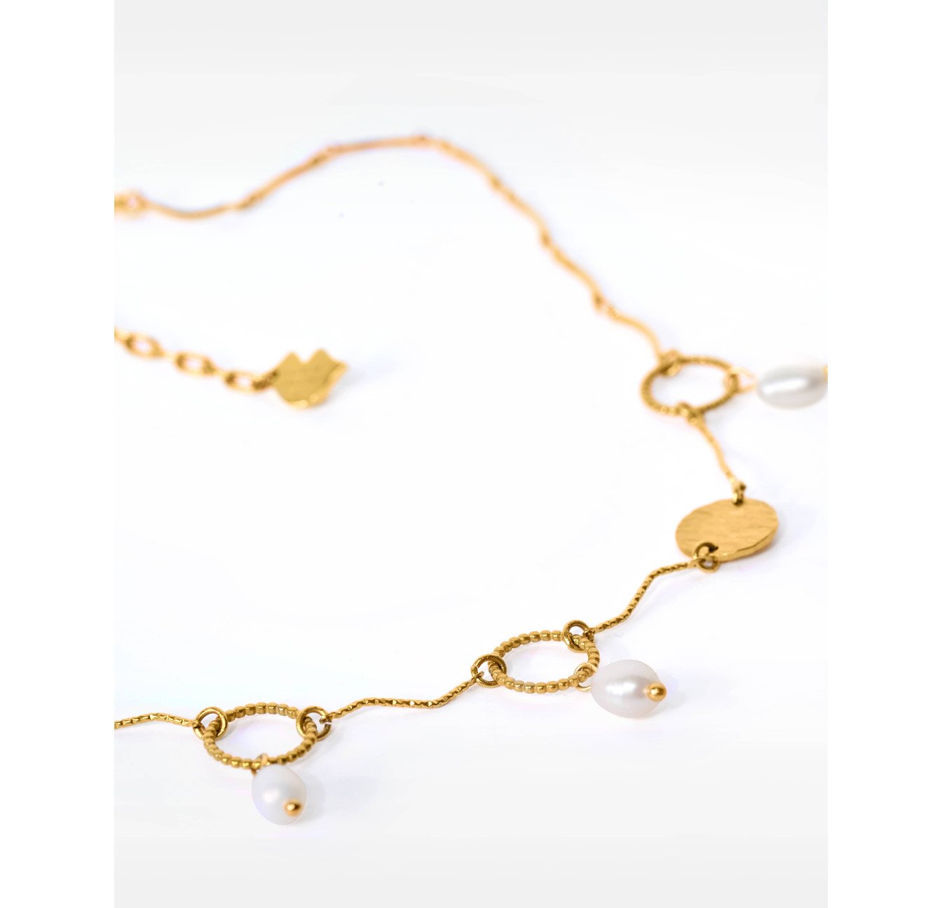 Collier à franges acier inoxydable doré pampille anneau torsadé perles baroques  - THALIA | Gloria Balensi