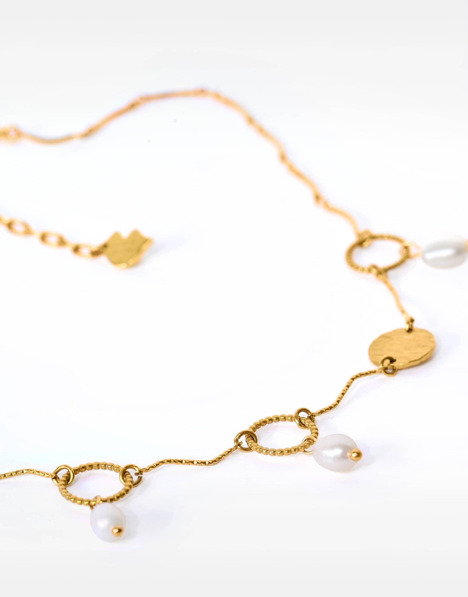 Collier à franges acier inoxydable doré pampille anneau torsadé perles baroques  - THALIA | Gloria Balensi
